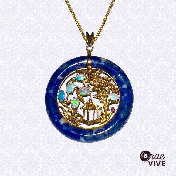 Vintage 14K Gold Oriental Blue Lapis Lazuli & Opal Pendant Necklace 20in - Picture 2 of 4